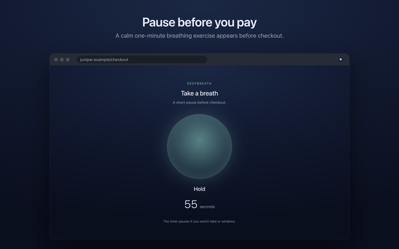 The DeepBreath breathing screen: a softly glowing circle, the cue “Hold” and 55 seconds remaining.