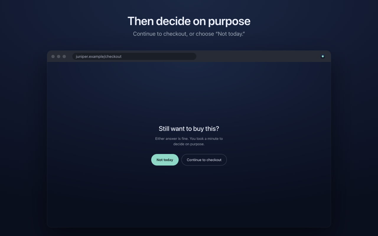 DeepBreath asking “Still want to buy this?” with “Not today” and “Continue to checkout” buttons.