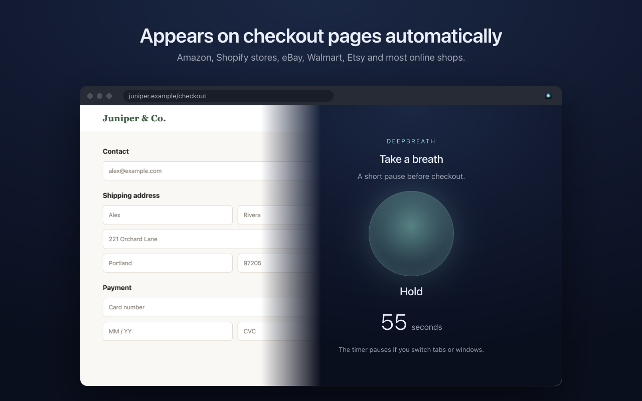 A store checkout page partly covered by the DeepBreath breathing screen.